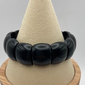 Hand Crafted Gemstone Cabochon Stretch Bangle Bracelet Black Obsidian M/L